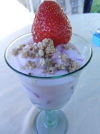 Selbstgemachter griechischer Joghurt mit Erdbeeren und Knuspermüsli