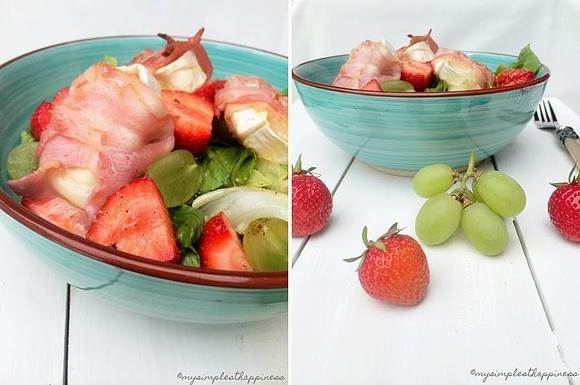 Göttlichst: Sommersalat mit Erdbeeren, grünen Weintrauben und Ziegenfrischkäse im knusprigen Baconmantel