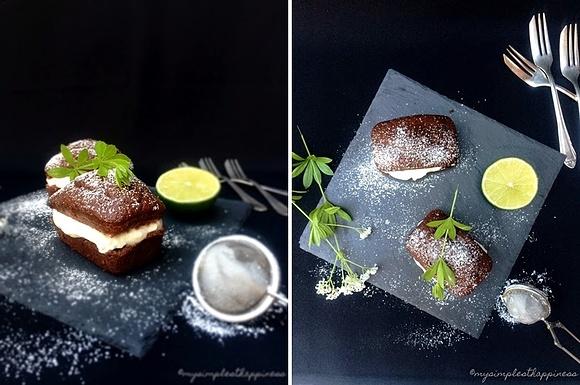 Kleine Schokoladenkuchen mit Waldmeister-Limettensahne
