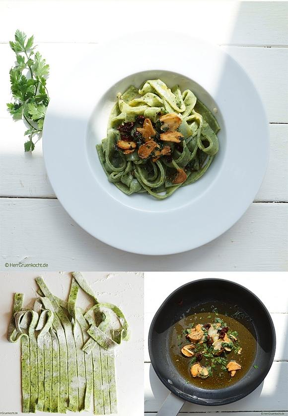 Tagliatelle boschetto mit frittierte knoblauchscheiben und chilistücken