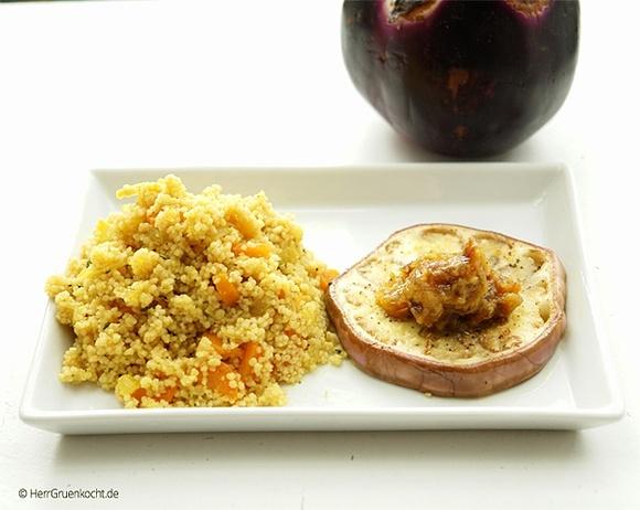 Couscous mit gebratenen Auberginen und Senf-Datteln