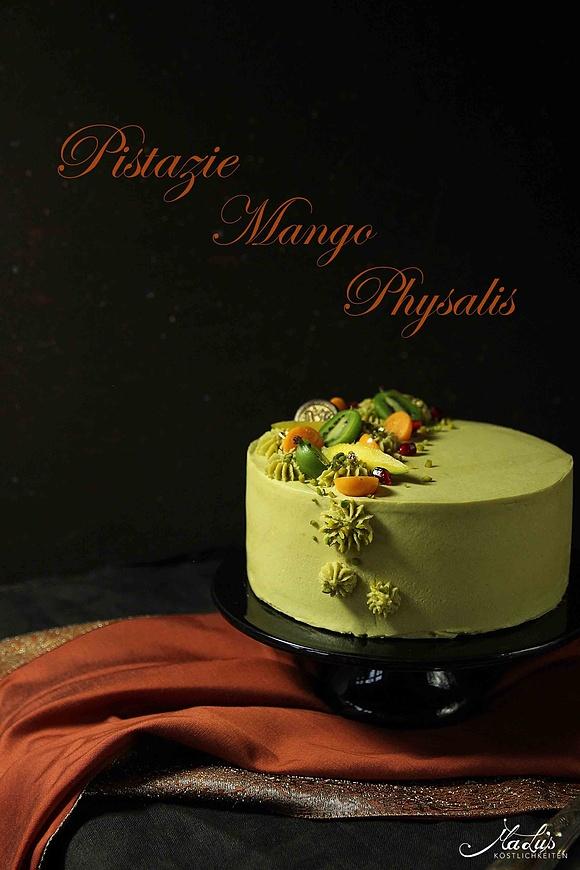 Pistazien torte mit mango und physalis
