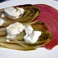 Geräucherter thunfisch an gebratenem chicorée mit ziegenfrischkäse