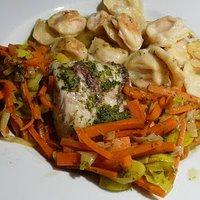 Skrei-Loin mit Pelmeni und Gemüse