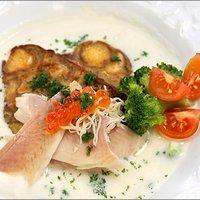 Smoked char with pretzel kuoglof and horse radish cream
