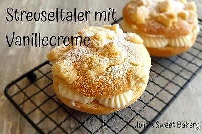 Gefüllte streuseltaler mit vanillecreme und erdbeeren