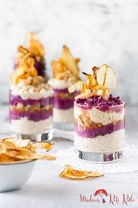Kokos-Milchreis mit lila Süßkartoffel und Birnenkompott