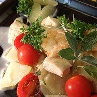 Kohlrabieintopf mit Hähnchenbrust, Garnelen und Ziegenkäse