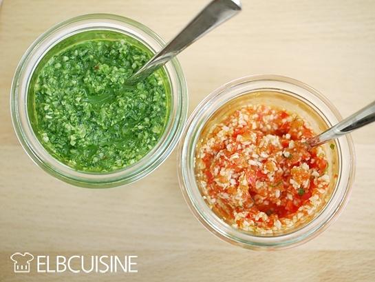 Pesto duo mit spinat und roter paprika vegan