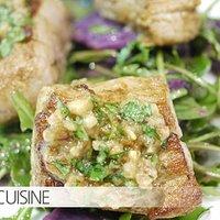 Kochen mit Freunden: Köstliches Schweinefilet in Pinienkruste mit Salat von Rucola, Bohnen und violetten Kartoffeln