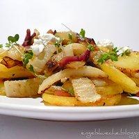 Kartoffel-Fenchel-Speck-Pfanne mit Ziegenfrischkäse und Kresse