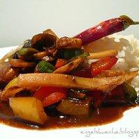 Scharfes Hühnchen und Gemüse in Hoi Sin Sauce mit Reis