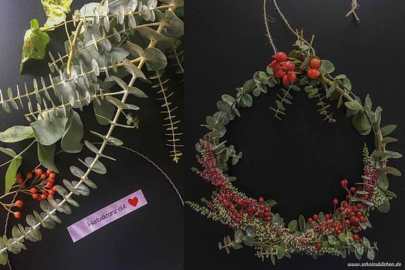 Herbstkranz binden aus eukalyptus, erika und hagebutten