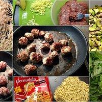 Asiatische Fleischbällchen mit gebratenen Nudeln