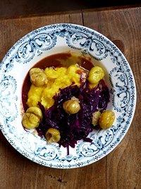 Realitätsabgleich: kürbis-pü mit holunder-birnen-rotkraut und karamellisierte kastanien