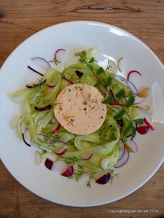 Lachs terrine mit Zitronenconfit auf Gurkennudeln