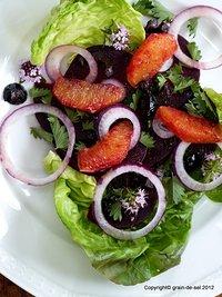 Wiederbelebung: rote bete salat mit orange und schwarzen oliven