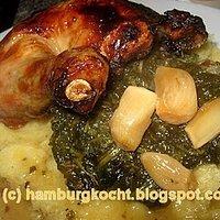 Huhn mit 40 knoblauchzehen, kartoffelbrei und dattel-chili-spinat
