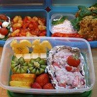 Tomaten-mozarella-spießchen, gnocchi-salat, karotten-tzatziki, reis-möhren-bratlinge, apfel-eichhörnchen, erdbeermilchreis etc