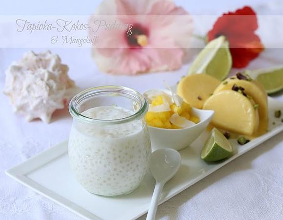 Süßes asian-fusion tapioka-kokos-pudding mit mangokulfi und mangotatar