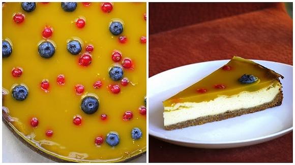 Käsekuchen mit Mandel-Buchweizen-Boden und Mango-Schicht